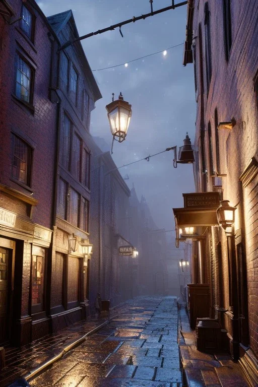 Diagon alley street at night, many houses, wet ground, pole with round light