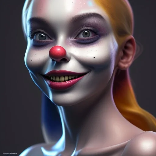 Ultra detailed very beautiful smileing cute clown girl,beautiful real skin, red nose, shallow of dept 3d, symmetrical, ultra detailed curl hair, ambient lighting, ultra detailed face, concept art, circus,party, digital painting, octane render,quixel megascans, depth of field (or dof) art by artstation