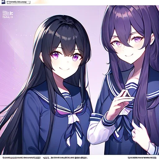 Clear focus,8k,Beatiful Lighting,Beatiful Blur,Beatiful Face,Beatiful Shading,Black long hair,silky hair, long silky bangs, Purple eyes, wearing a sailor uniform outfit, Hair in eyes, lot of hair, Line art, Happy, Smiling