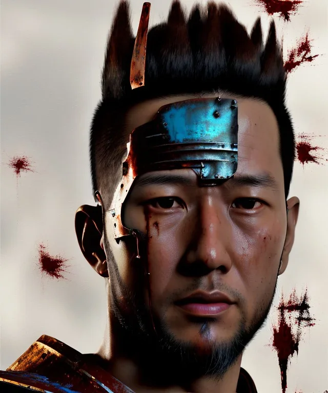 an abstract painting of rusted metal, 8K, a Highly detailed stunning portrait of Samurai, a realistic face, white suit, beard, and short hair, bad boy