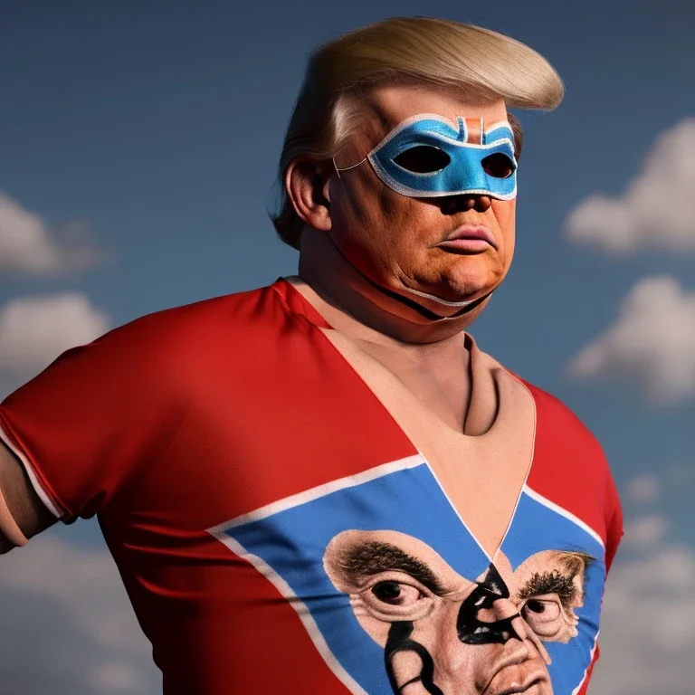 realistic image of donald trump as a mexican wrestling fighter posing, Mexican eyes wrestling mask, red and blue breeches, retro style, 80s, vibrant color, highly detailed, sky background, concept art, unreal engine 5, god rays, ray tracing, RTX, lumen lighting, ultra detail, volumetric lighting, 3d, finely drawn, high definition, high resolution.