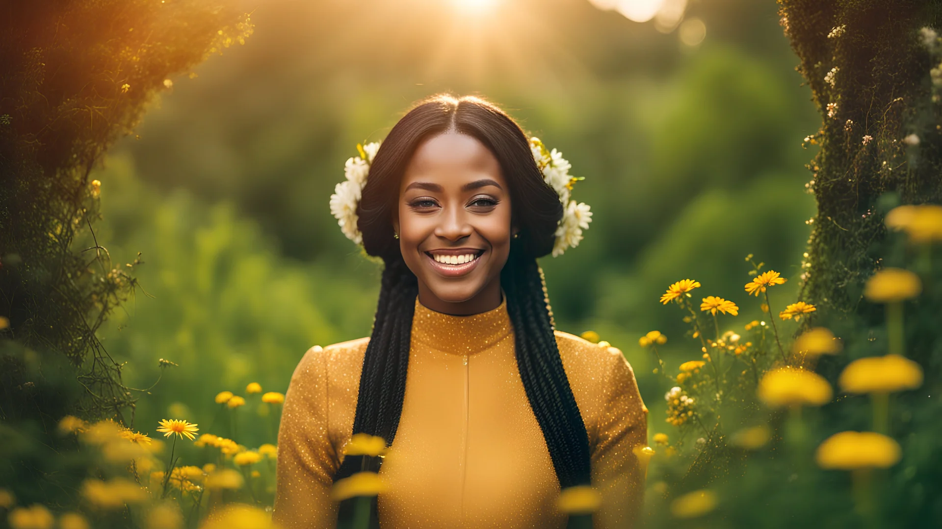 A gorgeous smiling ceylanese model with a dark skin and smooth hair in a cosmonaut outfit with luminous strikes in a hill of flowers with 1000 y/o trees, a small torrent, loads of mini flowers, moss, sun rays through the branches, particles in the air at spring