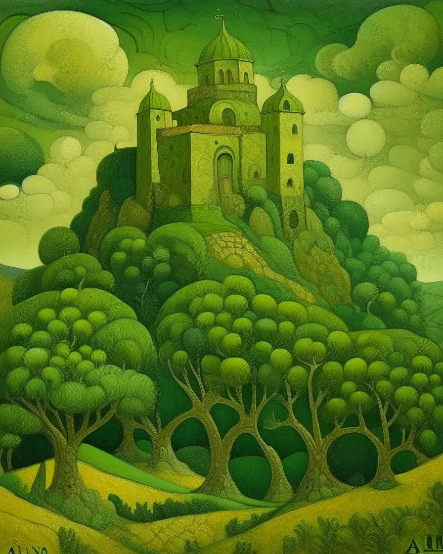 An olive green paranormal nuclear fortress painted by Paul Ranson