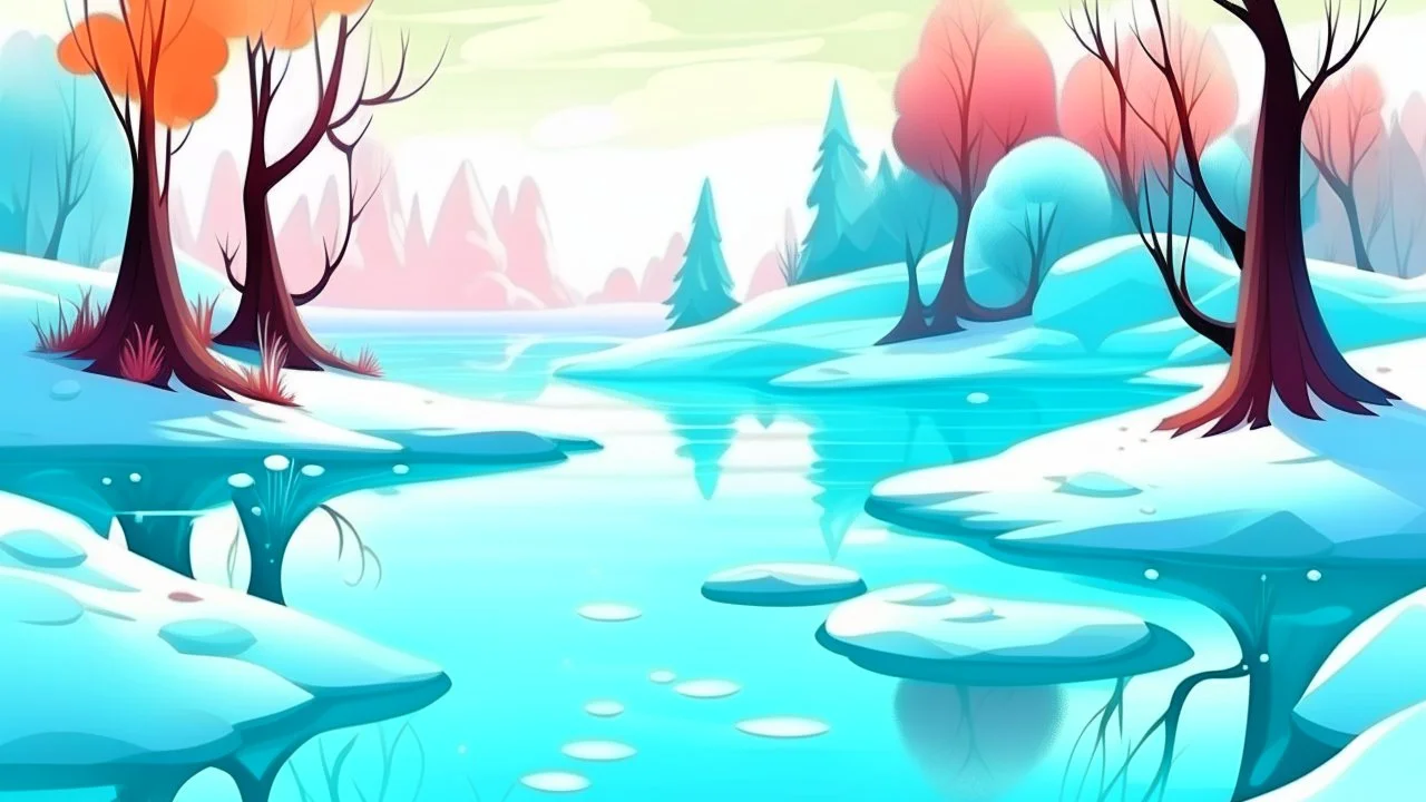 cartoon illustration: beautiful magic frozen lake