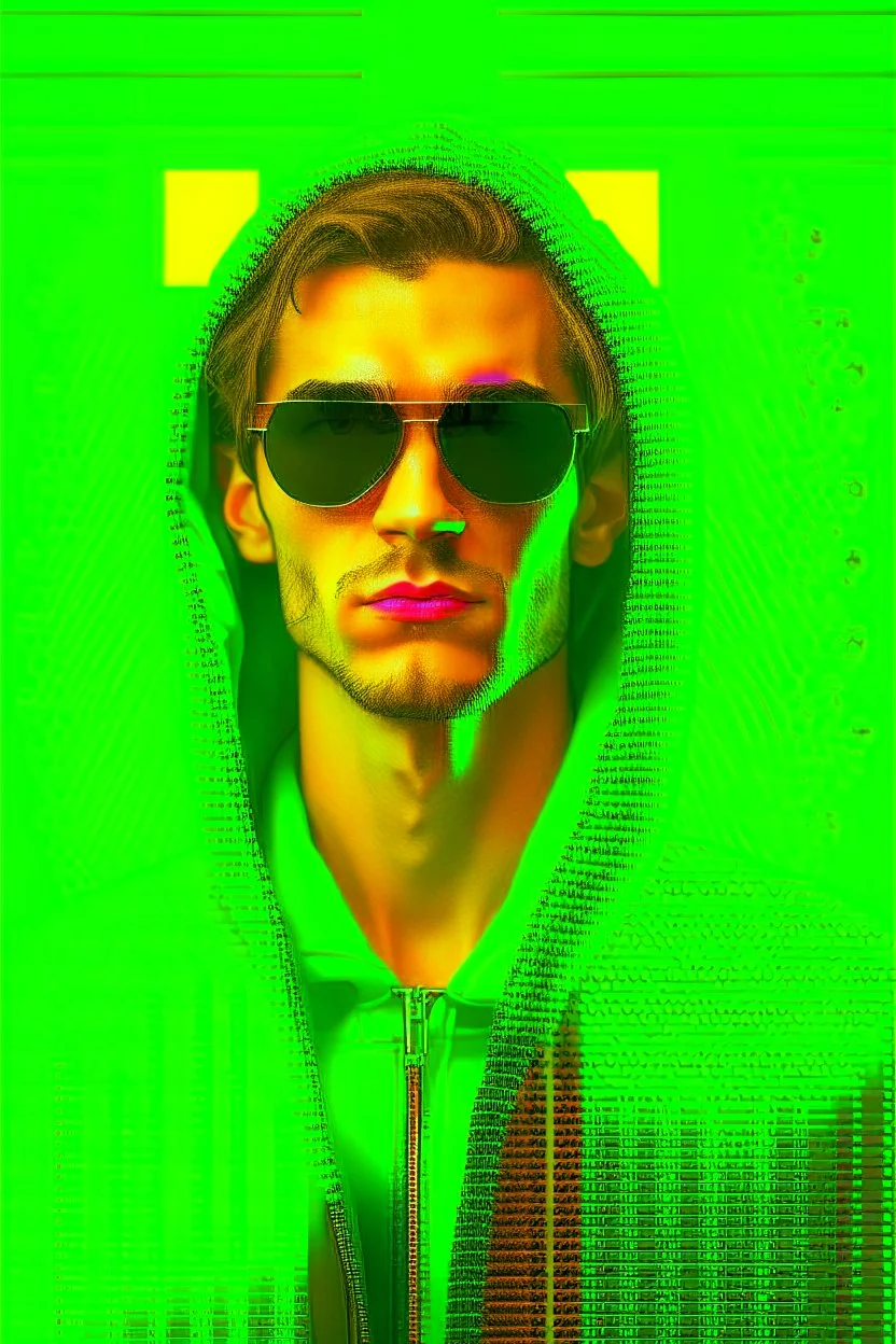 Portrait of creator of bitcoin with hoofie with green matrix backgroung, soft contrasts, soft colors