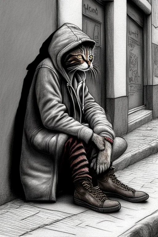 One single mature homeless cat with worn out clothes, sitting in a corner on the street, guitar standing on the left side, Vienna, mourning, model style, hyper realistic, extremely accurate, delicate, extremely detailed, Graphic novel style, wide-angle, open aperture, superfine pencil