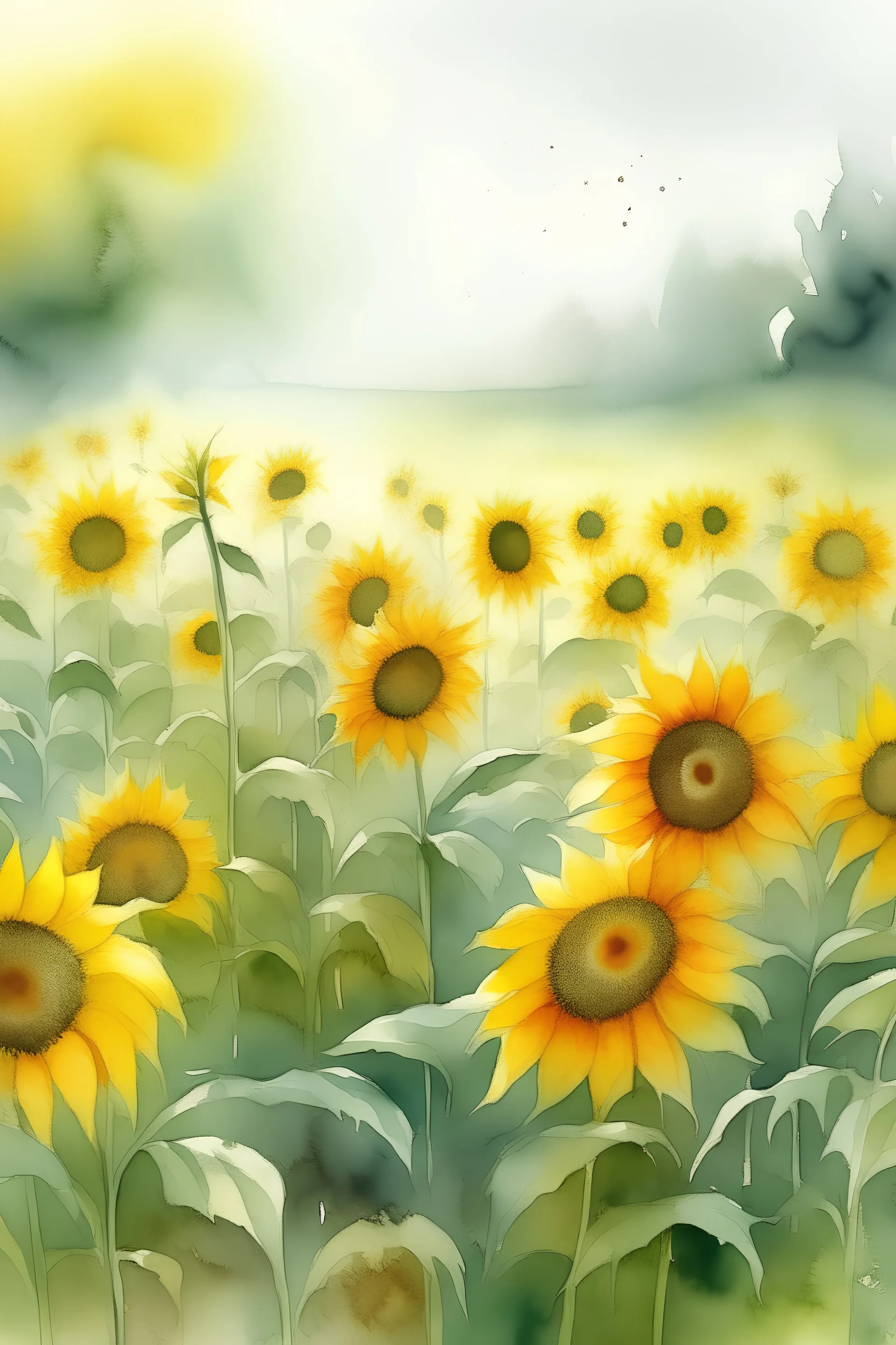 soft misty field of sunflowers in watercolor
