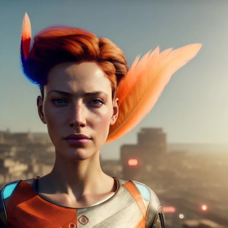 A beautiful portrait of a cyberpunk woman with lot's of grain on her skin red head with hair flying in the wind cyborg smiling facing camera orange color scheme, high key lighting, volumetric light high details with white stripes and feathers unreal 5, octane render, cinema4d, dynamic lighting, dramatic lighting, 4k, redshift render, highly detailed, hyper realistic