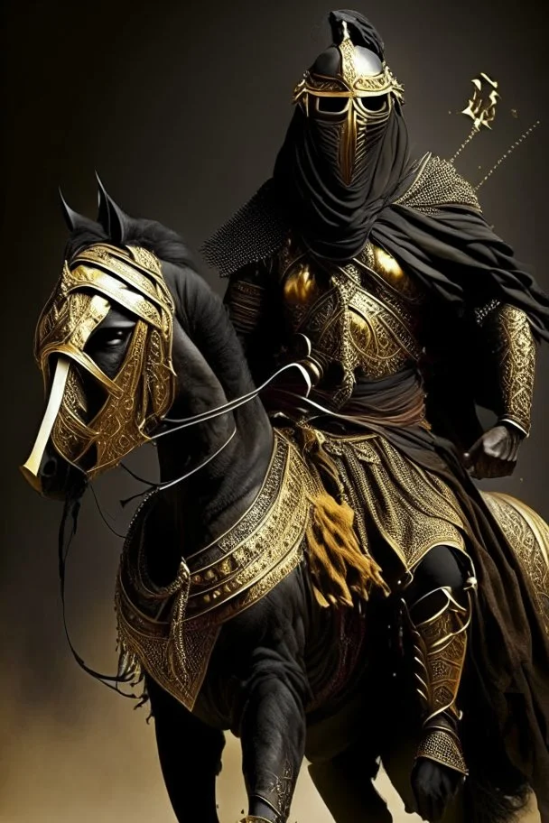 Arab warrior Full Body Full Armored Wearing Face Mask Iron Masculine Mysterious Powerful Fantasy High Quality Carrying his bow Golden clothes His horse behind him