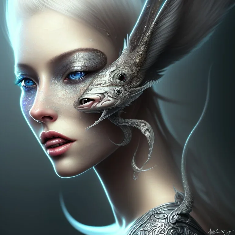 fantasy magic, intricate, sharp focus, illustration, highly detailed, digital painting, concept art, matte, masterpiece head sexy front view black blonde beauty space lady silver carp skin one head blonde space night