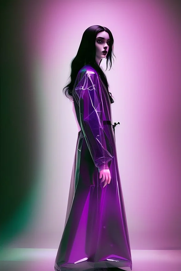 painting by koson ohara and marta bevacqua, portrait of a beautiful goth woman with long black hair, wearing a plastic raincoat, purple neon lighting, 8k, high quality, highly detailed