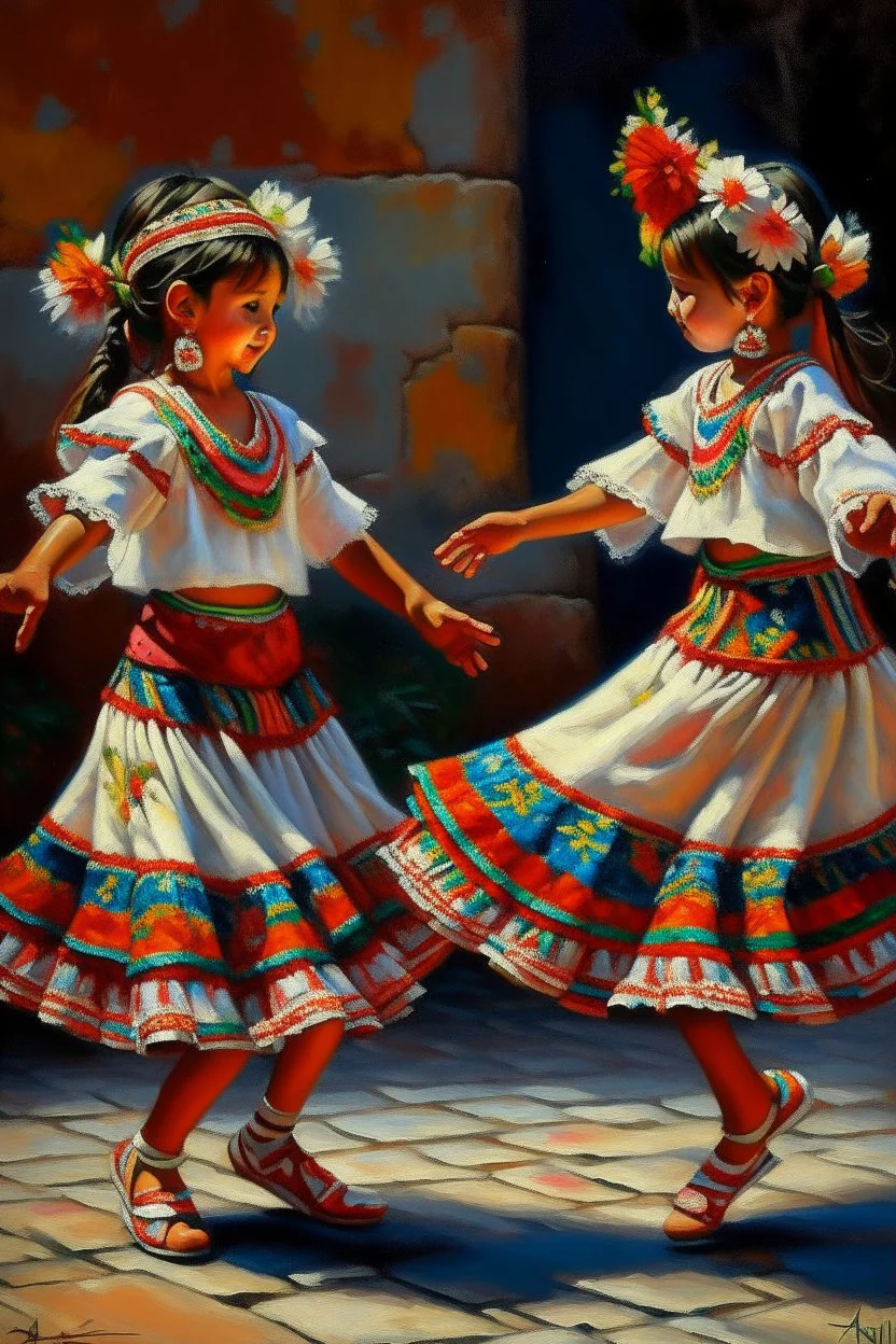 2 maxican childeren dancing traditional clothes painting neoclassism in a traditional