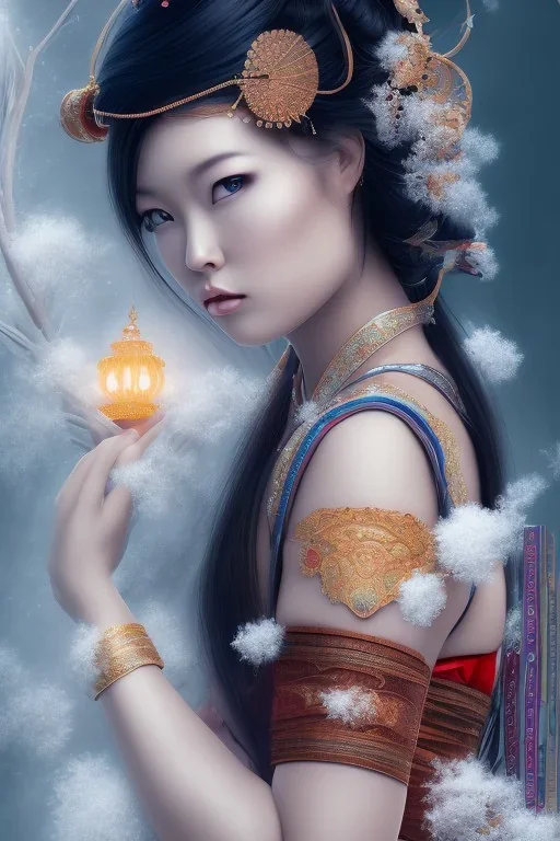 a wonderfull woman hitomi tanaka, full body, geisha fantasy, big curves, voluminous long black hair, ultradetailed fine art photo of a indian, weet face portrait, snow flakes parti