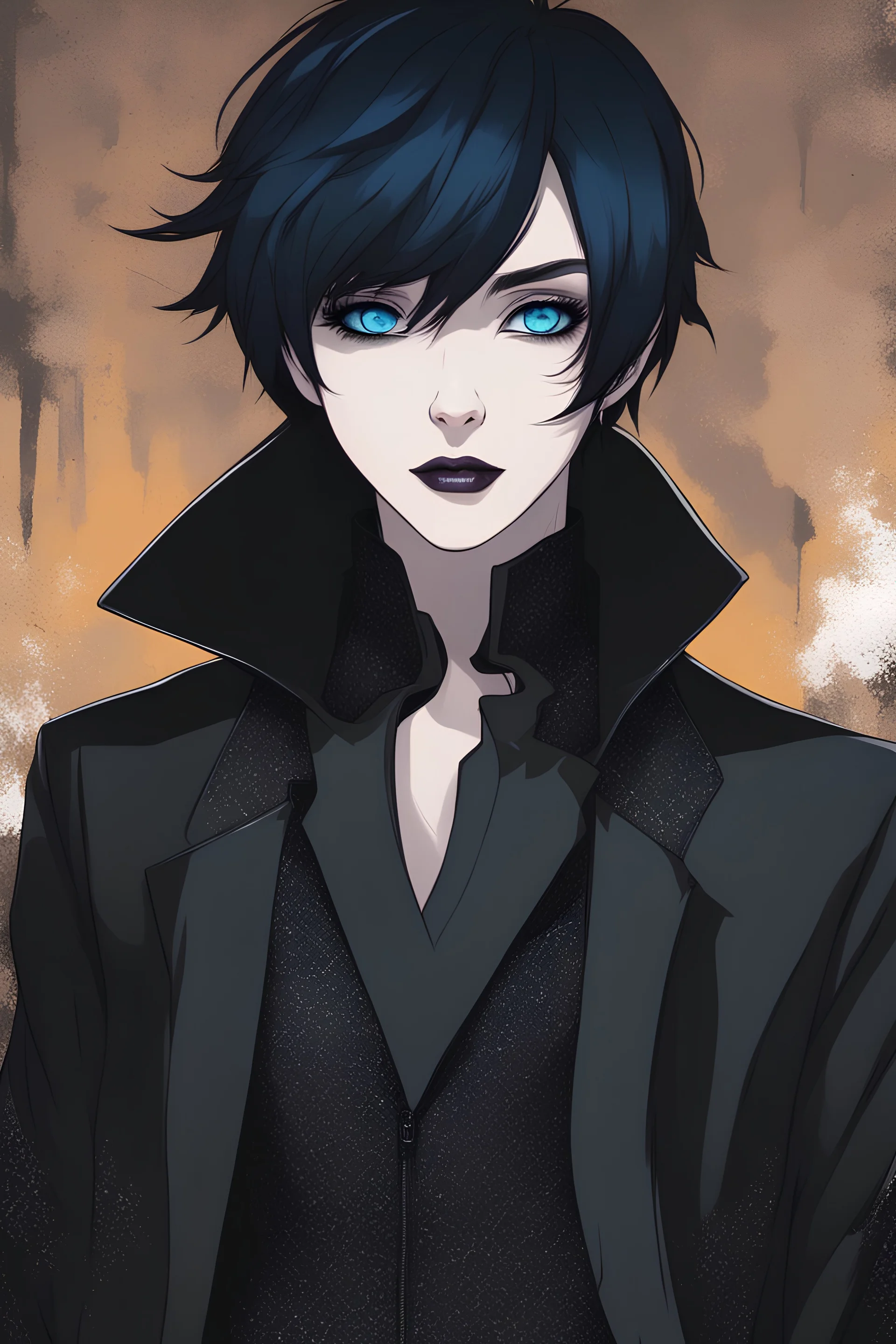 Thin, androgynous character with short black hair. vivid sapphire blue eyes, goth makeup, dark gender neutral goth clothes, urban background, RWBY animation style