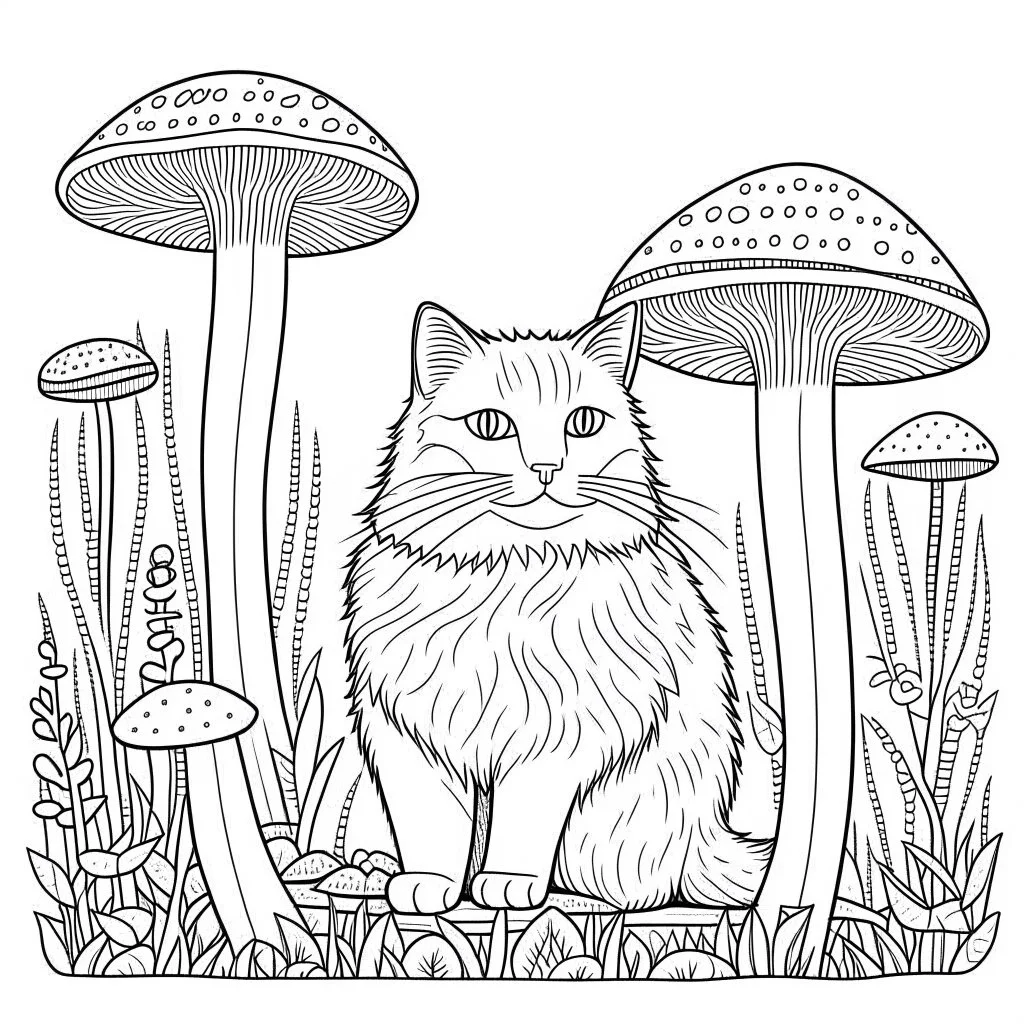 coloring page, cat mushrooms, full view, realistic, coloring page, only draw lines, coloring book, clean line art, –no sketch, color, –ar 3:4, white background, minimalistic black lines, minimal black color, low level black colors, coloring page, avoid thick black colors, thin black line art, avoid colors, perfect shape, perfect clear lines,