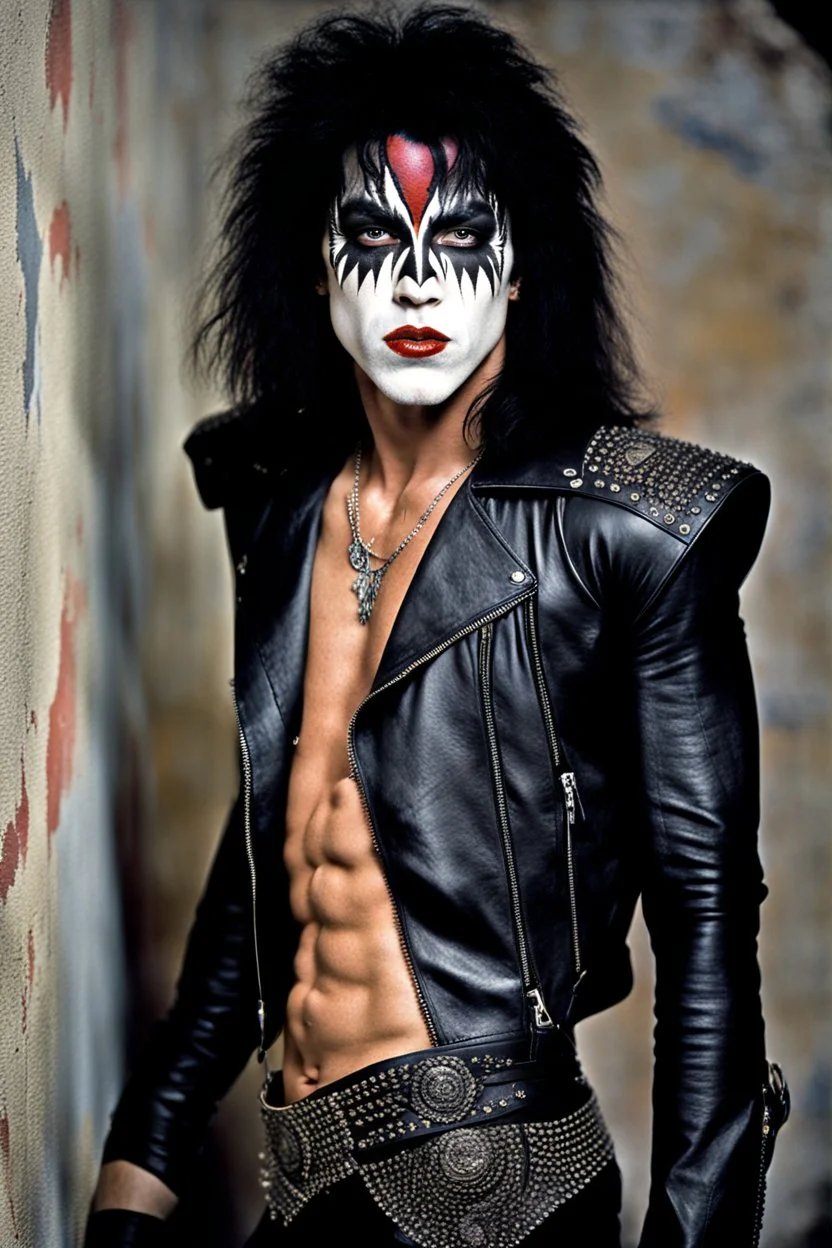 text 'KISS' - head and shoulders portrait, KISS - Tall and muscular 20-year-old Paul Stanley, Black star on right eye, Chest and stomach hair, rose tattoo on right shoulder, black spandex and leather, 8-inch high platform boots, - a multicolored cement wall in the background,