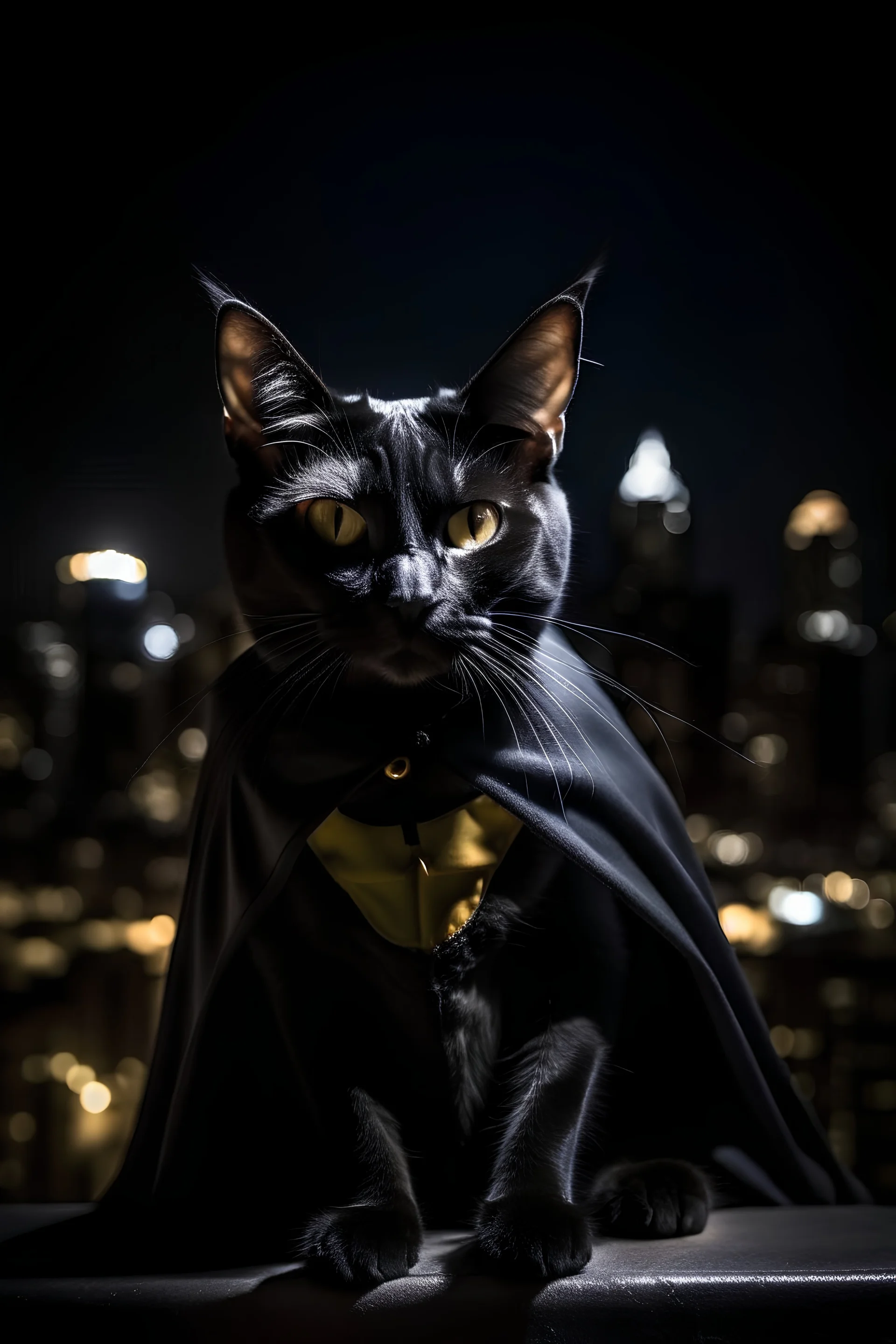 retrato de un gato vestido como batman con una ciudad de noche sombria de fondo