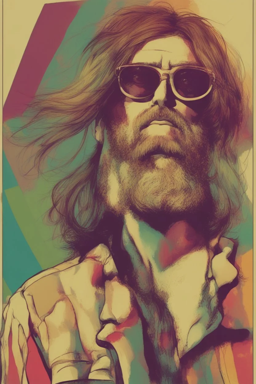 post punk hippie with glasses of colours and poor and short short short and poor hair on the head with receding hairline. Farsightedness glasses with big eyes. Shirt beard in the head. Vintage look and feel like photo style-of the 70s