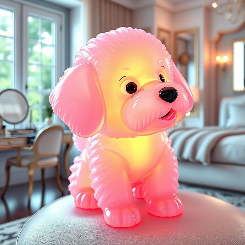 Generate image: A macro 3D render of a cute, lovely wooly dog,made of Translucent glossy jelly material, soft gelatinous appearance, smooth rounded surface, realistic subsurface scattering, internal light diffusion, subtle volumetric translucency, wet polished highlights, slightly reflective surface, soft rubbery-plastic texture, vibrant neon color, physically based shader, studio lighting, high-end CGI render.on a chair in a luxury bedroom next to makeup desk next to a open window to garden.