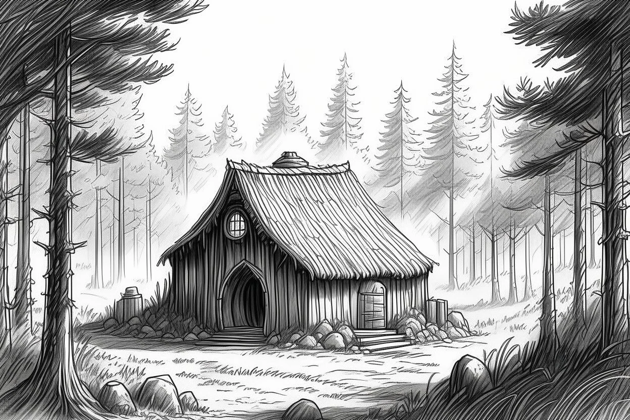 basic pencil sketch of Hagrids round hovel isolated in a forest clearing