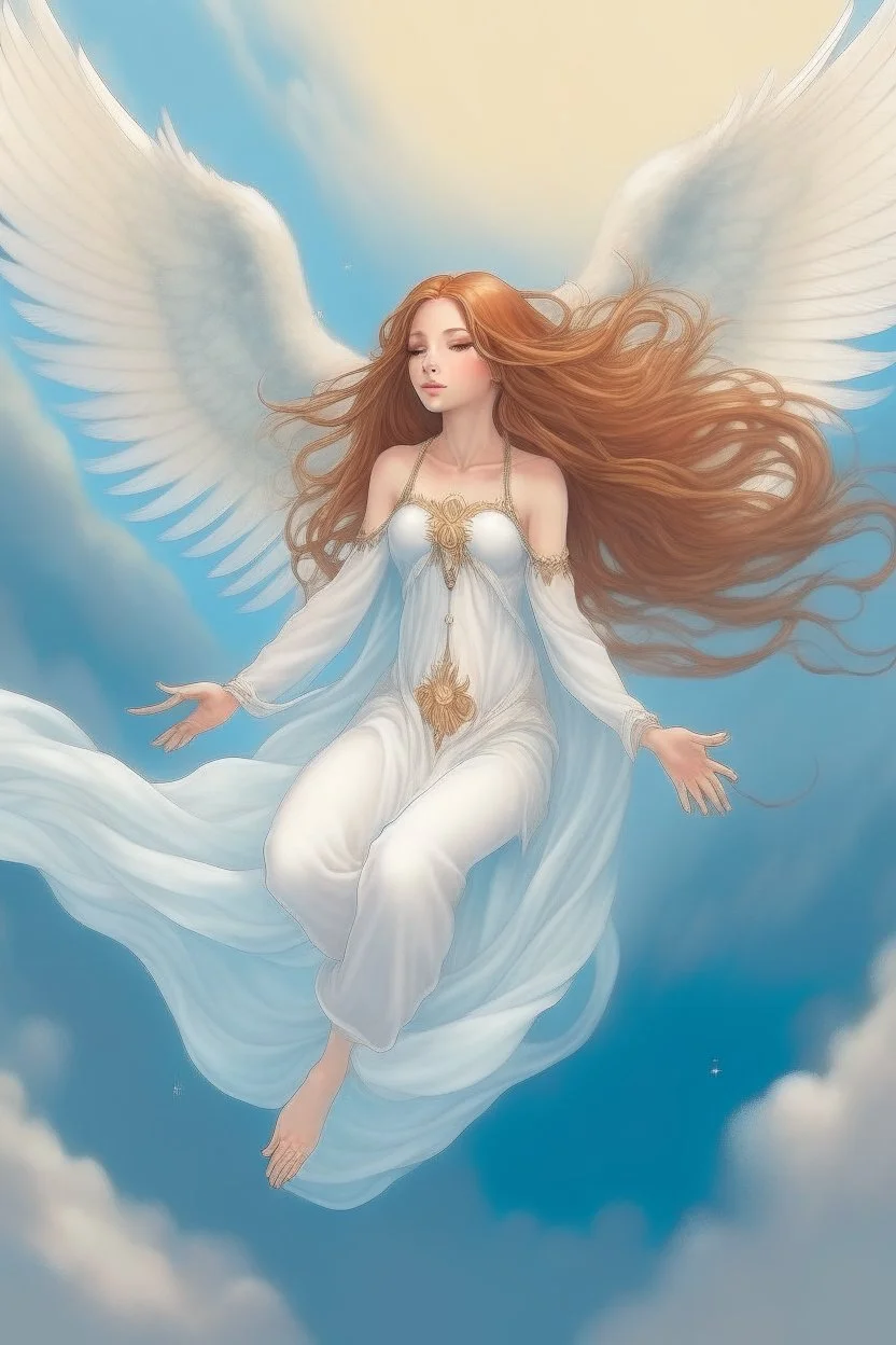 An Angel floating over Arcadia with long Aubern hair