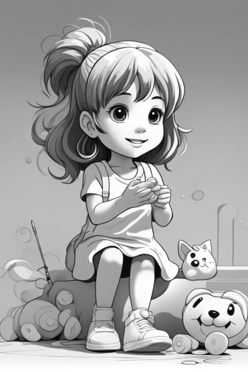 A round-faced little girl happily holding a bunch of colorful balloons. Circles can be used to depict the balloons, her eyes, and the sun in the background. very happy , Colloring page for todlliers ; basic hawali style cartoon , black and white , ink outlines , , smooth , anime style , minimalist , cute eyes , full body , white shose , sketchbook , realistic sketch , free lines , on paper , character sheet , clean line art high detailed