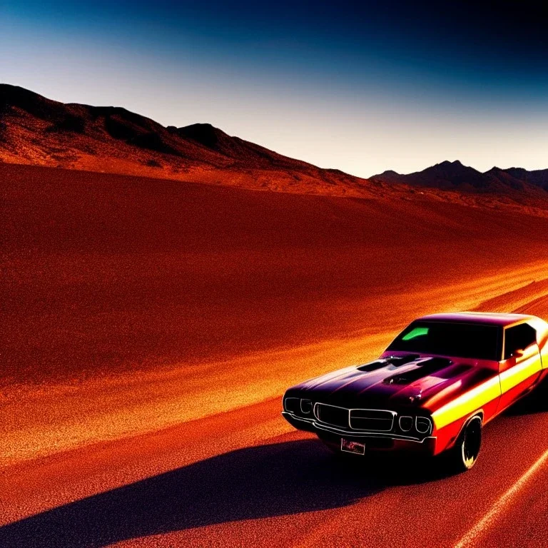 muscle car, desert road, sunset, full colour,