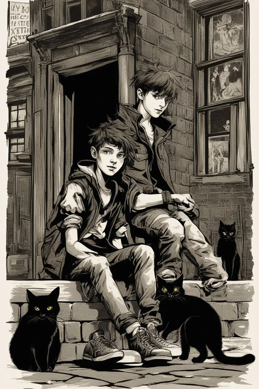 three teenage street children two boys and one punk girl in book-cover poses on the screen of an old town plus a black cat as a companion, dark graphic style