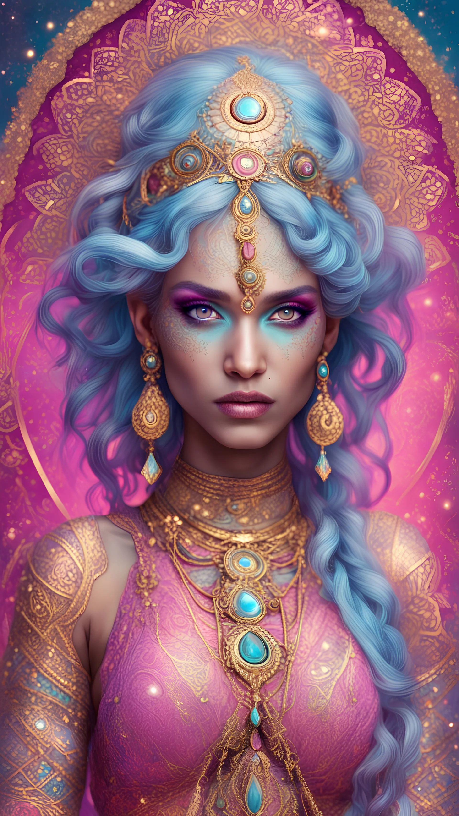 galactic indian priestess woman detailed beautifull face light blue hair golden eyes fine gold lace garments in bright pink and mauve packground