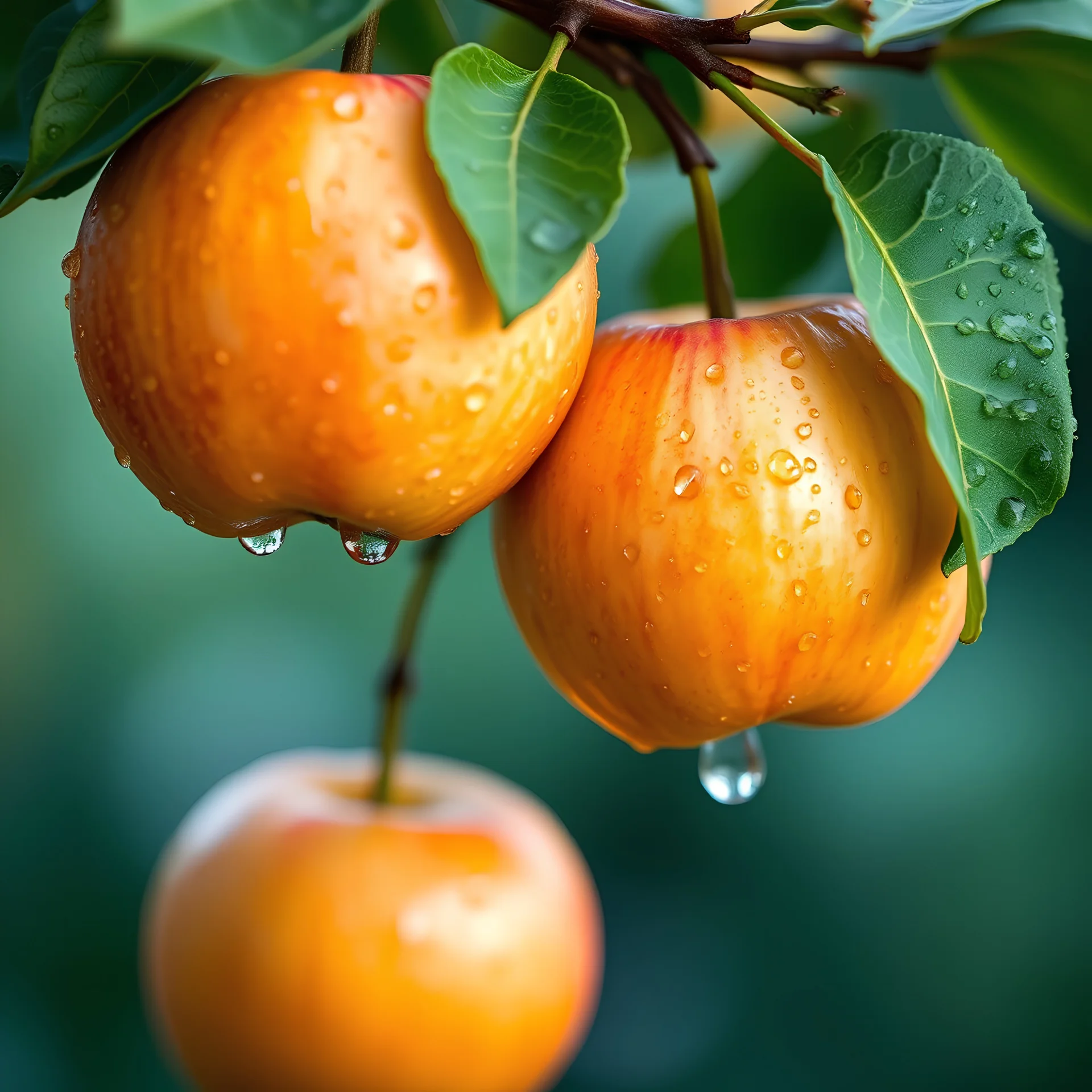 Generate a close-up image of three light orange apples hanging from a branch with green leaves. The apples are covered in tiny water droplets, with some droplets falling off the apples. The background should be softly blurred, featuring cool green and blue hues, evoking a misty atmosphere. The image should focus on the vibrant color of the apples, the clarity of the droplets, and the texture of the leaves and branch.