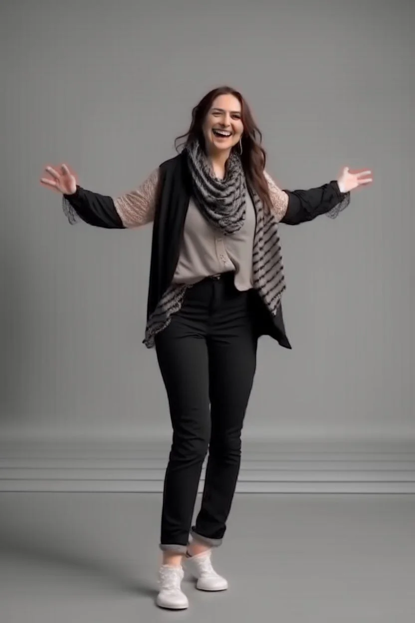 full body of very beautiful girl pants and jacket , curvy hair with lace scarf ,standing idle happy pose in studio pretty makeup,perfect face