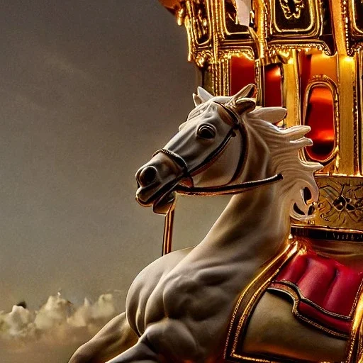 closeup of a beautiful ultra-detailed carousel horse on carousel, 1800s, chiaroscuro lighting , 8k UHD, realistic, matte painting, centered, illustration, muted colors,renaissance, artwork, high-quality, rocco, greg rutowski, howard lyon, brian froud, anne stokes