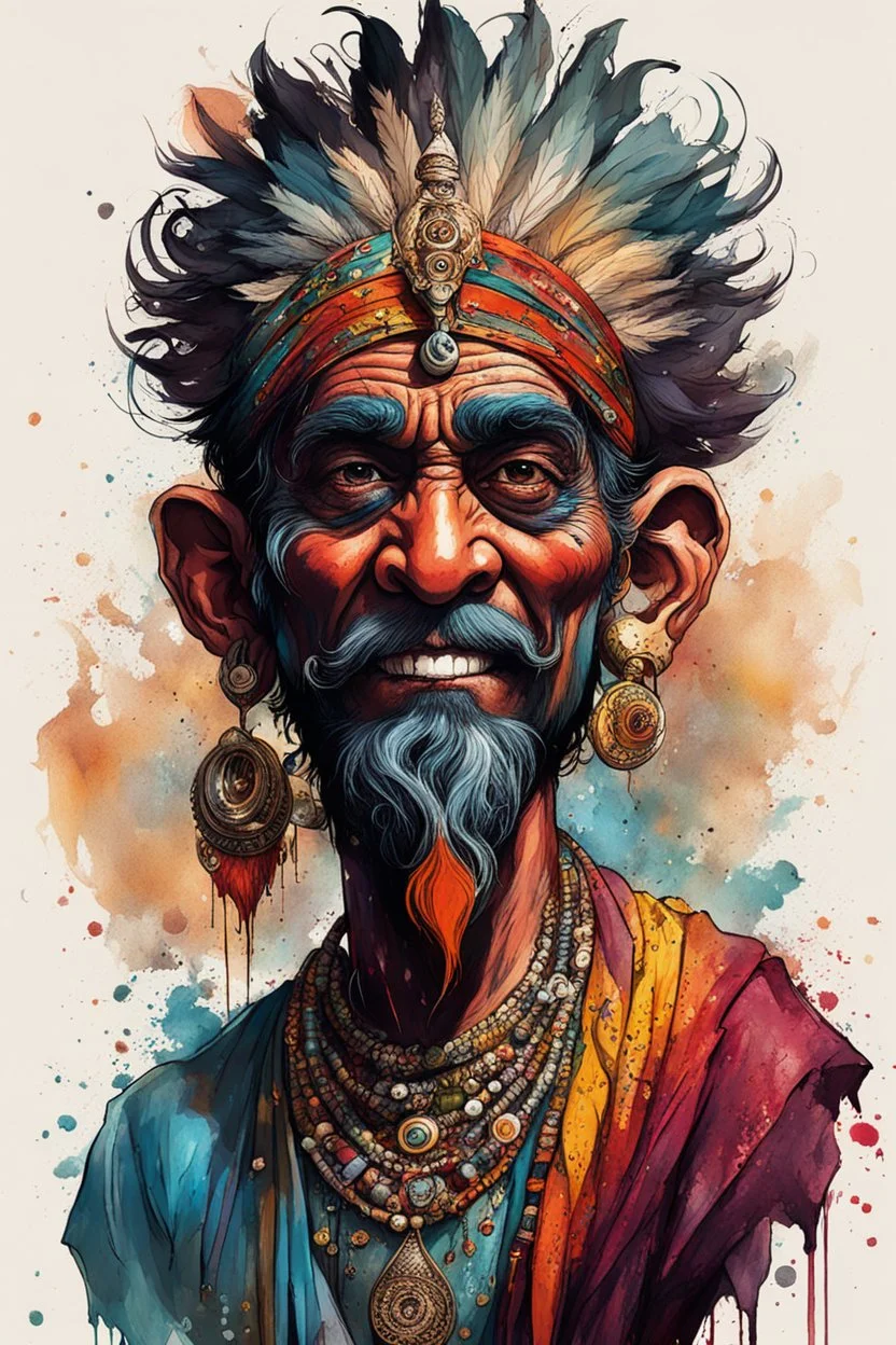 highly detailed full color, caricature concept illustration of a whimsical Indian Fakir character , maximalist, sharp focus, highest resolution, in the styles of Ralph Steadman, Brom, Denis Forkas , and Masahiro Ito, boldly inked, 8k, coarse, gritty textures