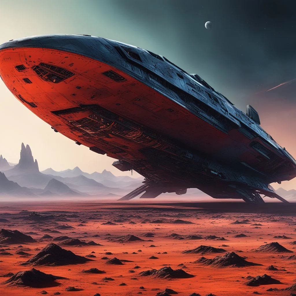 In a stark, alien landscape rendered in bold, flat colors, a colossal spaceship has crash-landed. Its metallic hull, etched with harsh lines and rivets, is stained with streaks_of what could be oil or alien blood. The ground around it is cracked and uneven, hinting at the violence_of the impact. Jagged, jagged mountains rise in the distance, their peaks scraping a sky filled with swirling, alien clouds. There's no sign of life, just an unsettling emptiness that stretches out in all directions. T