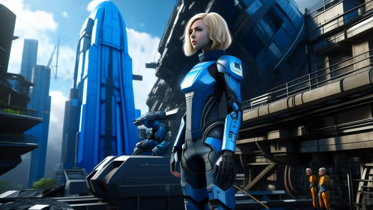 A full-body photograph of a young, slender woman with blond shoulder-length bob hair in a blue jumpsuit, standing in a futuristic cityscape with advanced spacecraft behind them, with a huge android in a huge metal exosuit with a helmet standing guard beside her.