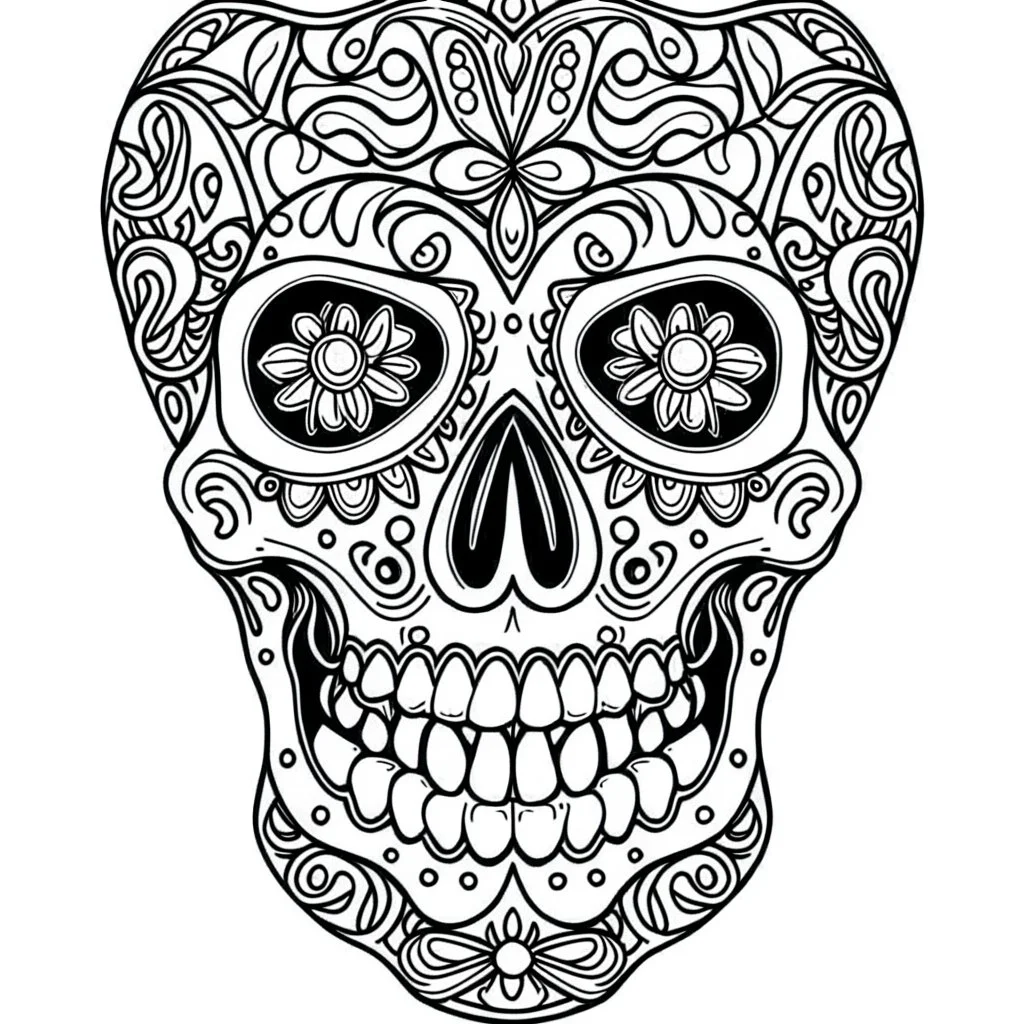 Coloring page for beginers, with skull, very Bold outlines and white background, cartoon style, minimal number of elements, very simple, not very detailed