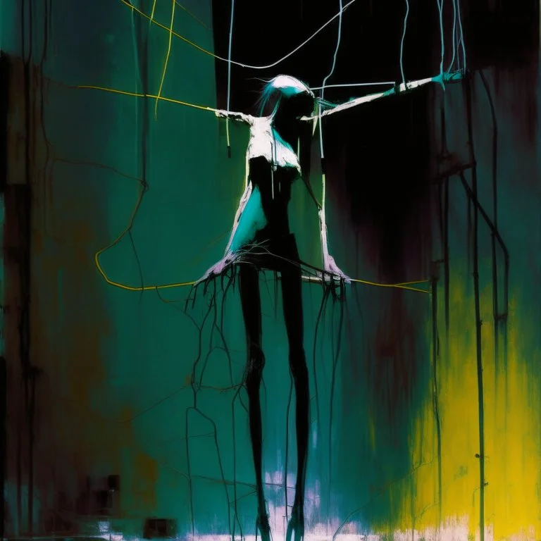 Minimal abstract oil painting of a woman limbs sinew. in concrete warehouse brutalist architecture and hanging wires illuminated at night. With triadic colours. In the style of Justin Mortimer and Phil Hale, Ashley Wood