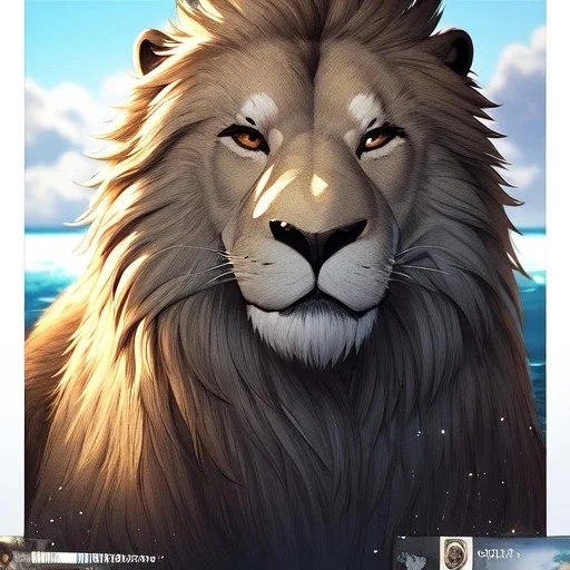 Lion , realistic, HD4k, watery cloud background, close up shot,