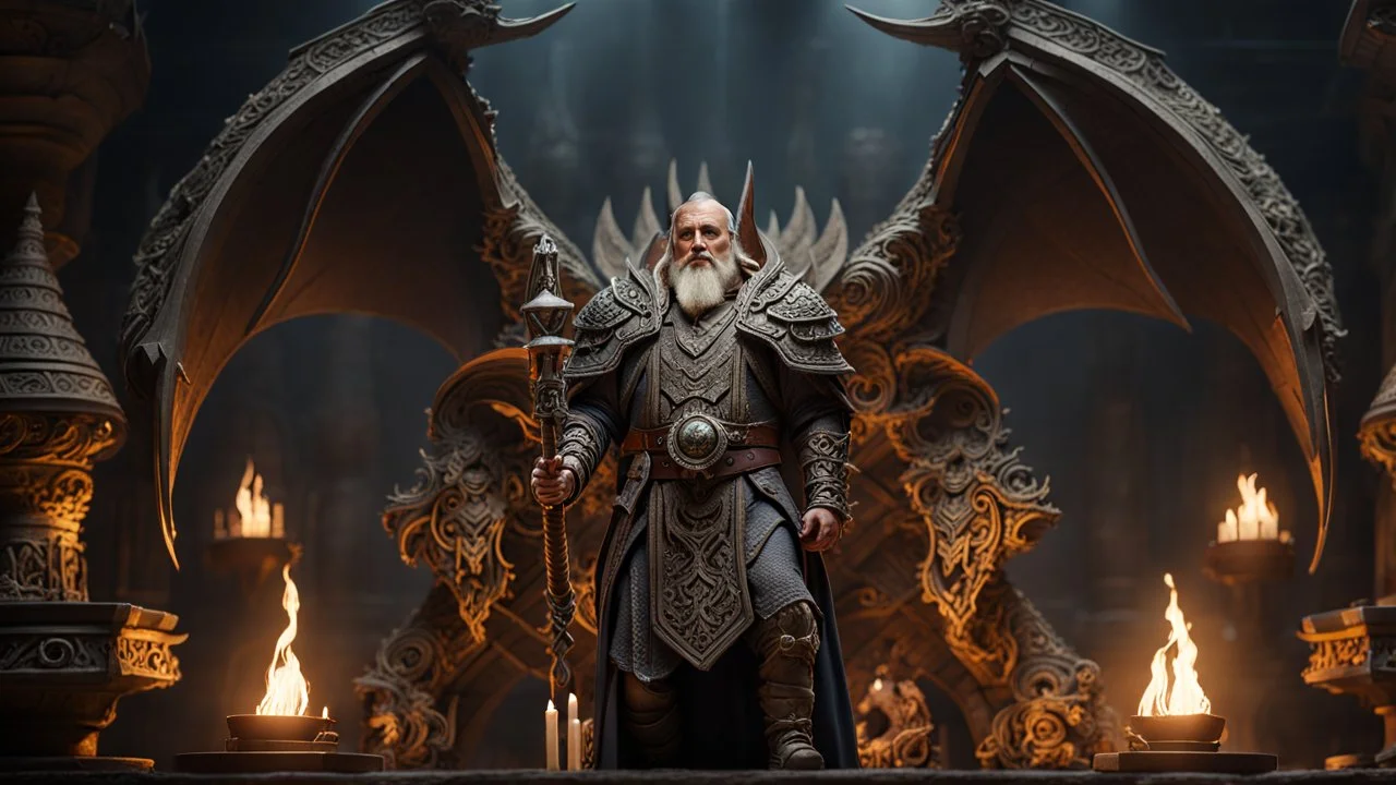 The dwarf priest known as The Lord of Bones walking through his underground temple, that is made of dragon bones. intricately sculpted, exquisite realism, fantasy art. Epic cinematic brilliant stunning intricate meticulously detailed dramatic atmospheric maximalist digital matte painting, CAMERA: Nikon Z7 | FOCAL LENGTH: 105mm | SHOT TYPE: Close-up | COMPOSITION: Centered | LIGHTING: Soft, directional | PRODUCTION: Food Stylist| TIME: Evening