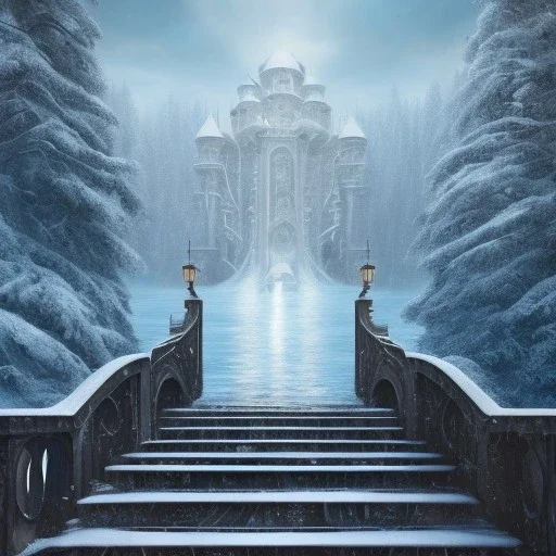 fantasy art, book illustration, close up on big wolf wizard,the stairs of a bridge or dam ,icy water, on the bridge,seen from the tree tops