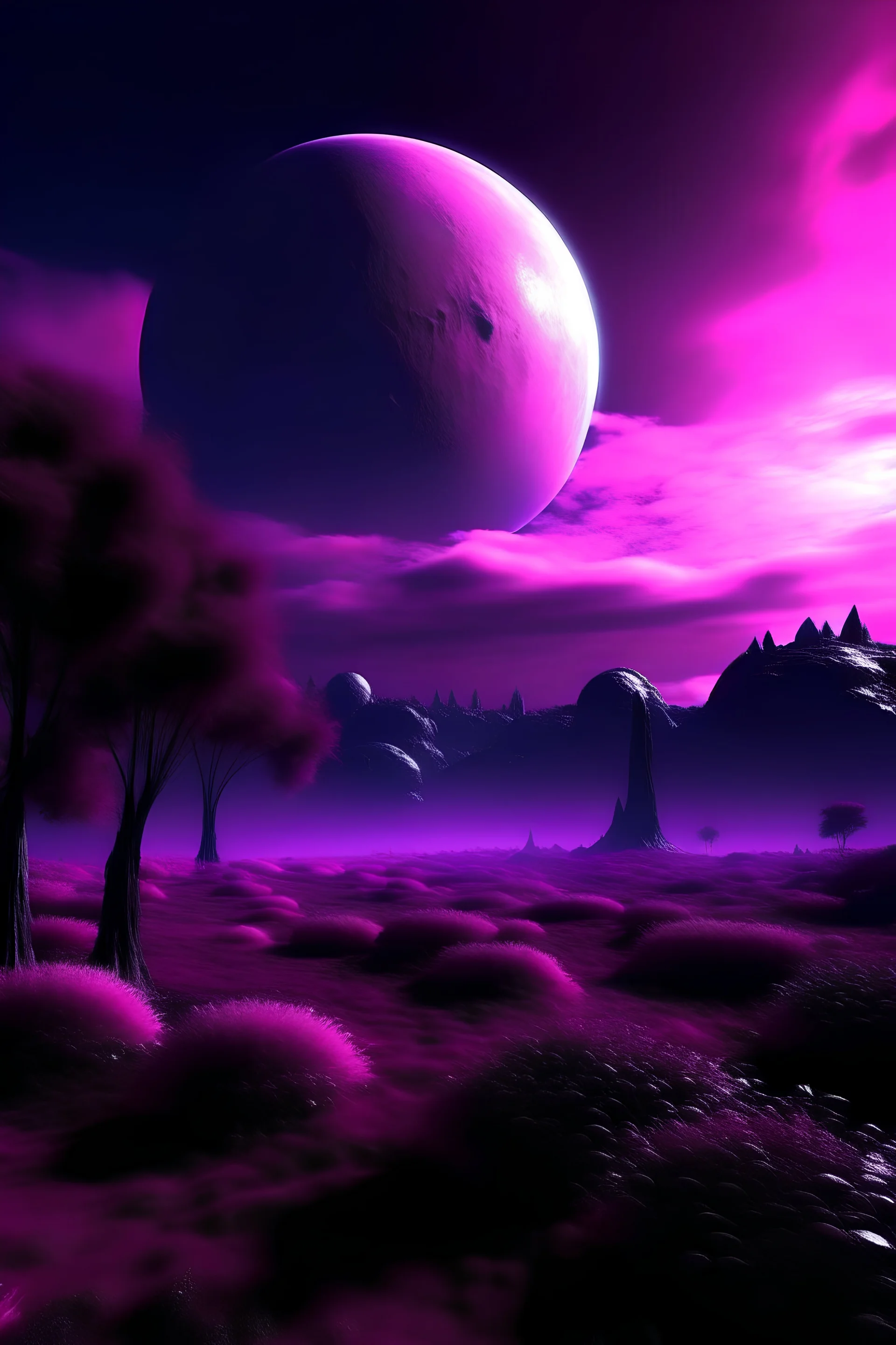 sur une planète inconnue, le ciel est violet, les plantes sont mystérieuse