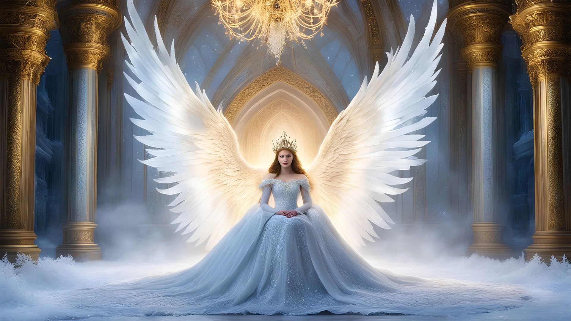 Snow_Angel, Frozen, ((best quality)), ((masterpiece)), ((realistic)), ((18-year-old girl as a snow angel princess in a fantasy golden throne room, frozen, mystic fog, frost flowers)), In the grandeur of a throne room, an 18-year-old girl embodies the enchantment of a snow angel princess. Adorned with elegant earrings, intricate jewelry, and a tribal tattoo, she exudes a sense of regality and grace. Her flowing hair, infused with a radiant glow, cascades around her,