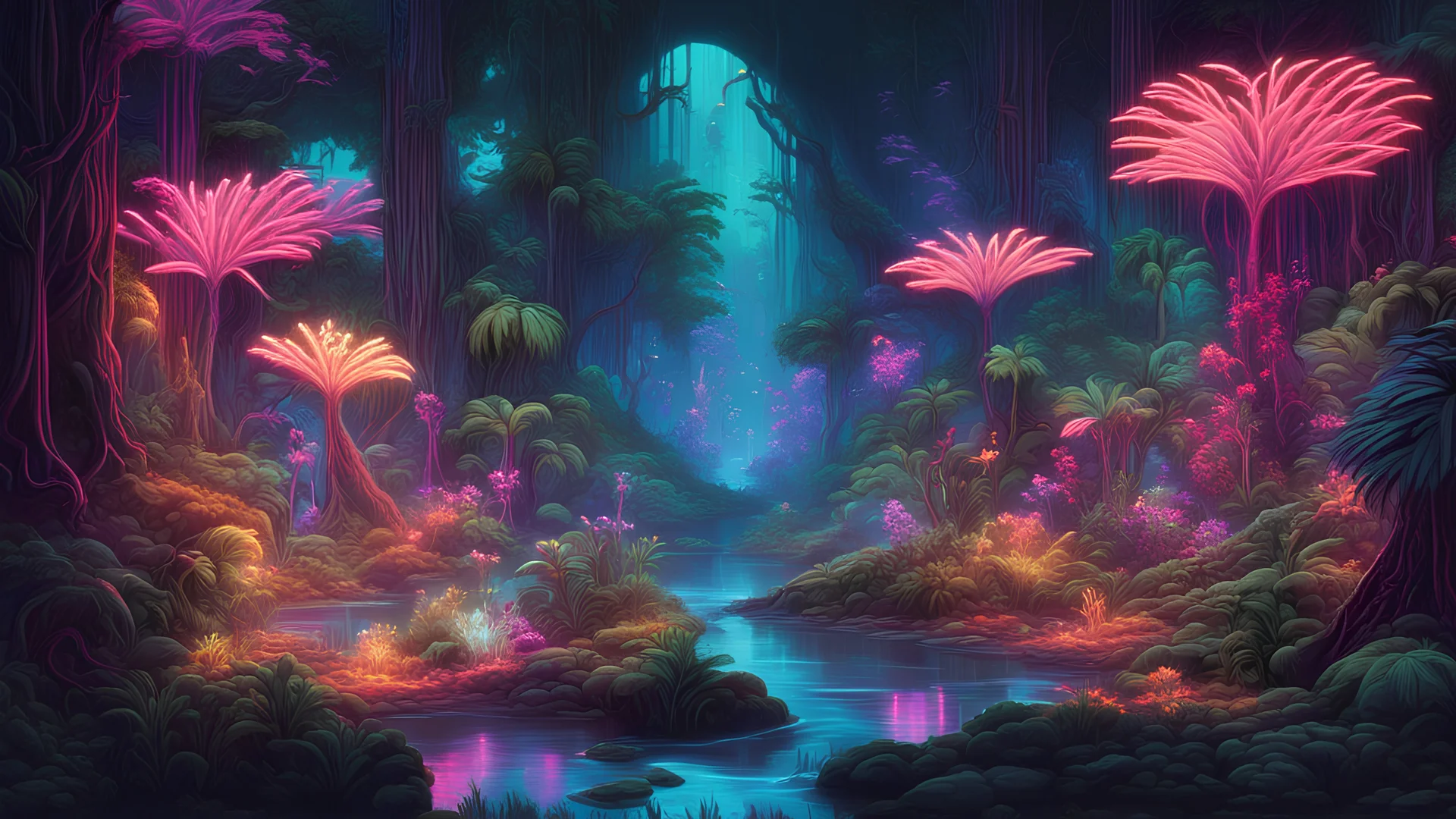 A neon-lit jungle with glowing flora and fauna, where the trees are circuit boards and the rivers flow with liquid light