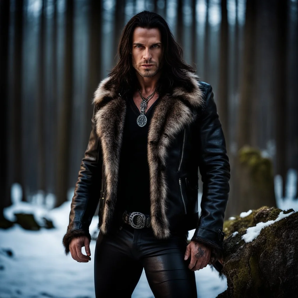 Handsome and muscular 30 year old mountain man with long hair and tattoos, wearing furry leather jacket, dark fantasy, snowy forest