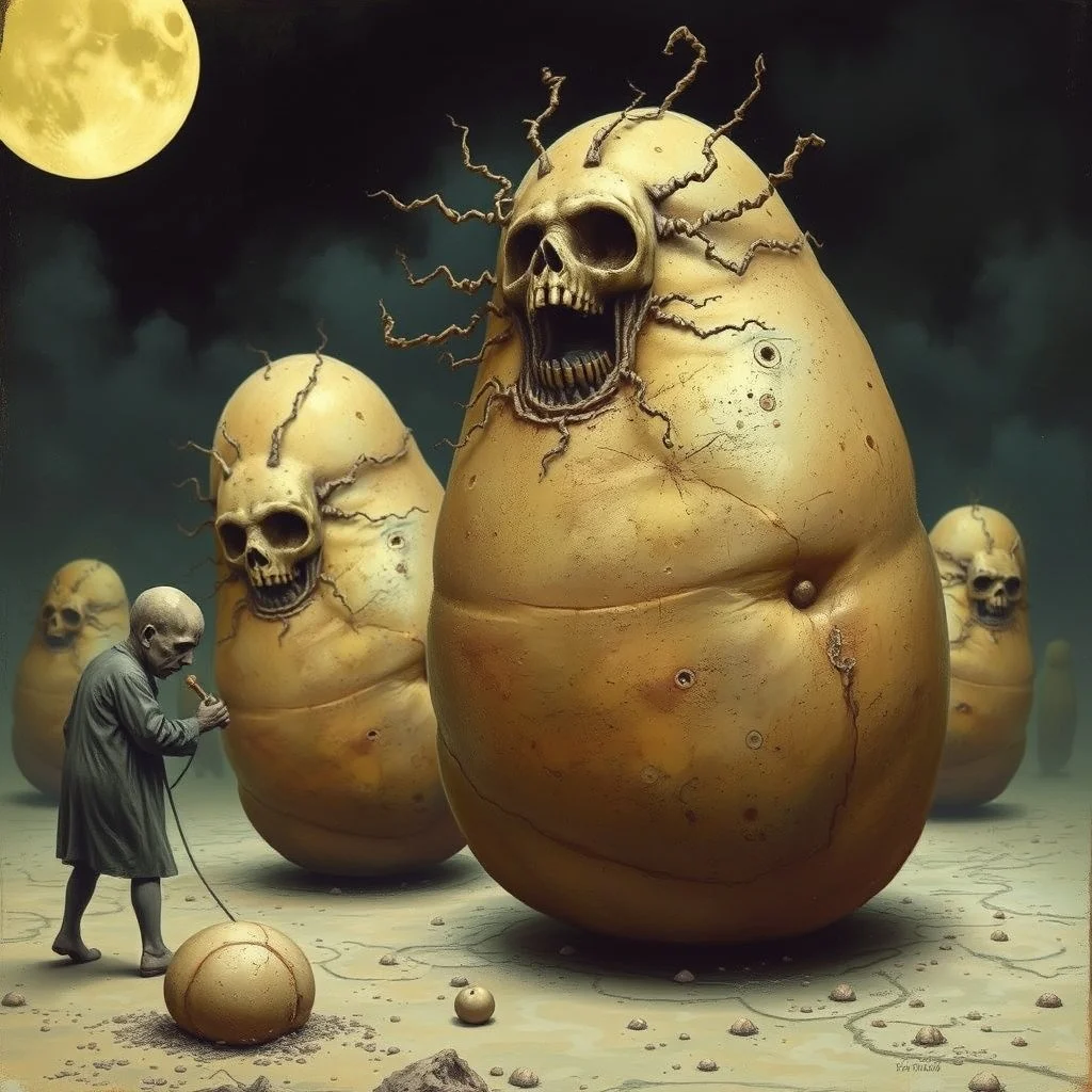 Potato famine, by Gerald Scarfe and Pawel Kuczynski, stylish digital illustration, sinister, phantasmagoric, organic structuring