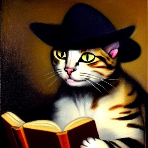 oil portrait of a cat with hat reading a book by Diego Velázquez 8k