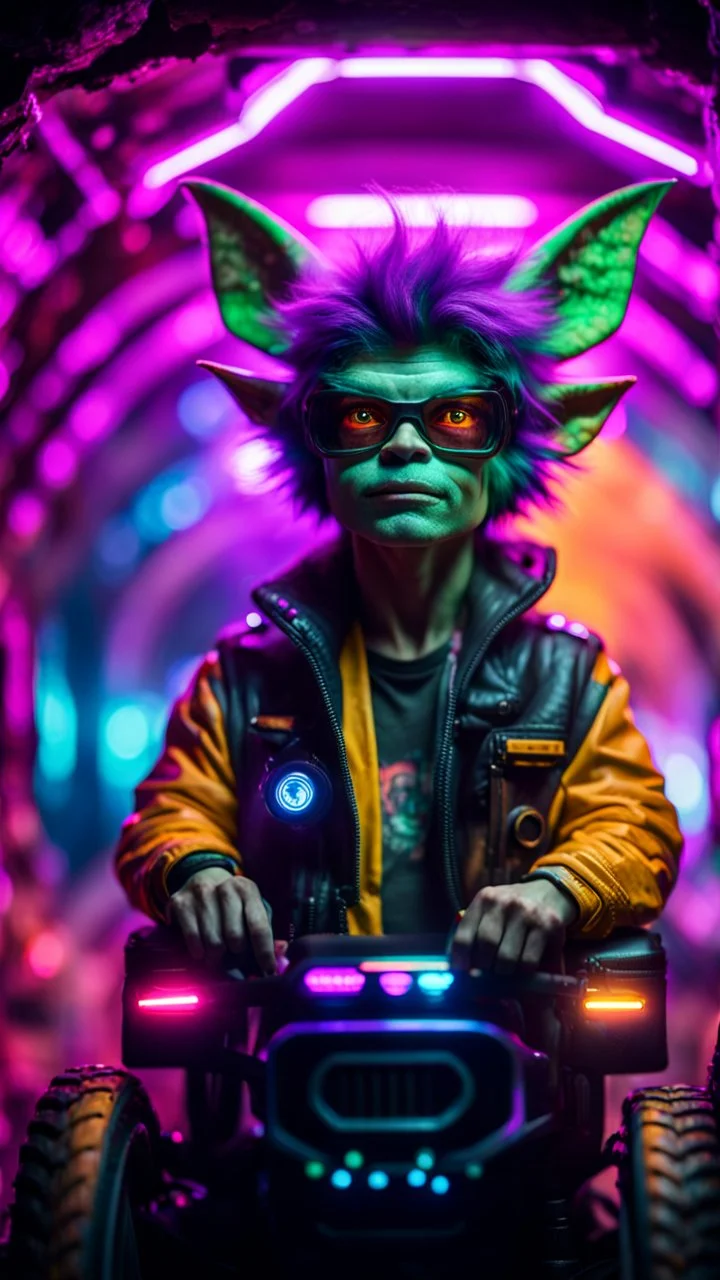 portrait of Hairy Gremlin pimp ninja cyber yoga punk in flying hipster tractor parked in dark tron neon lit reflective smoke cave tunnel,bokeh like f/0.8, tilt-shift lens 8k, high detail, smooth render, down-light, unreal engine, prize winning