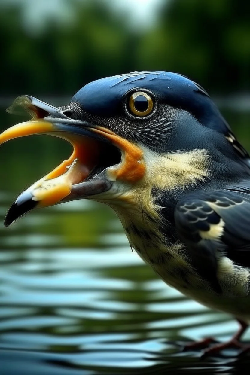 Generate an image of bird who is in water having fish in his mouth with real views