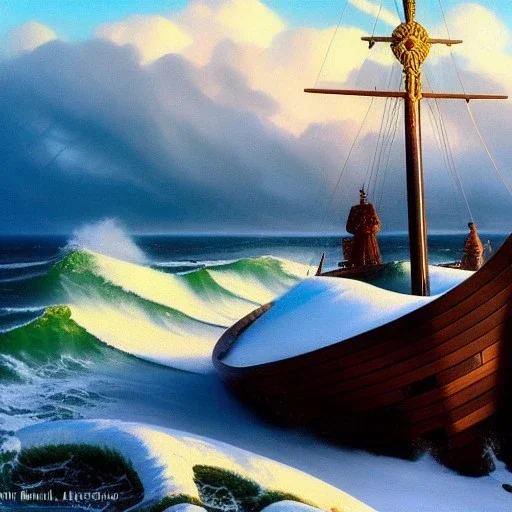 portrait of 'Viking Ship on rough seas',snow,viking with horned helmet,ancient armor,painting by Earl Norem, simon Bisley,frazetta evan lee, Vallejo,kelly oil on canvas, cinematic composition, extreme detail,fit full head inside picture,8k