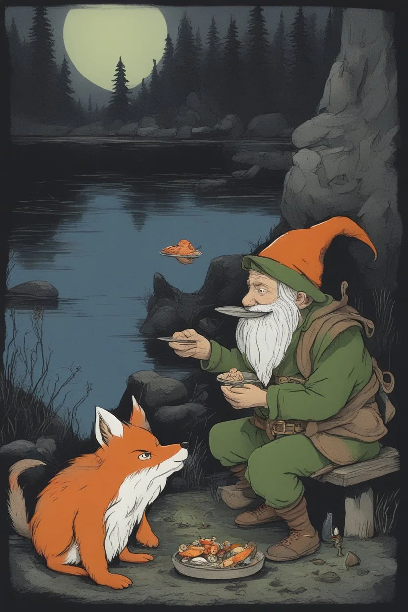 a gnome and a goblin eating in front of a fish fire, figure with fox mask behind in the environment, riverbank, night, moonlight,